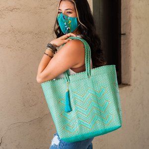 Oaxacan tote (teal), embroidered mask, tassel